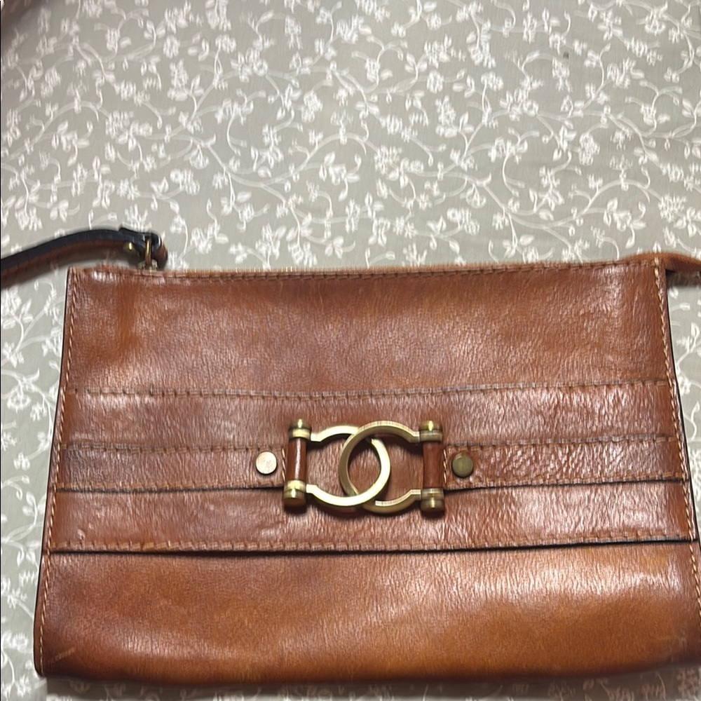 Brown and Gold Leather Clutch with Gold Hardware